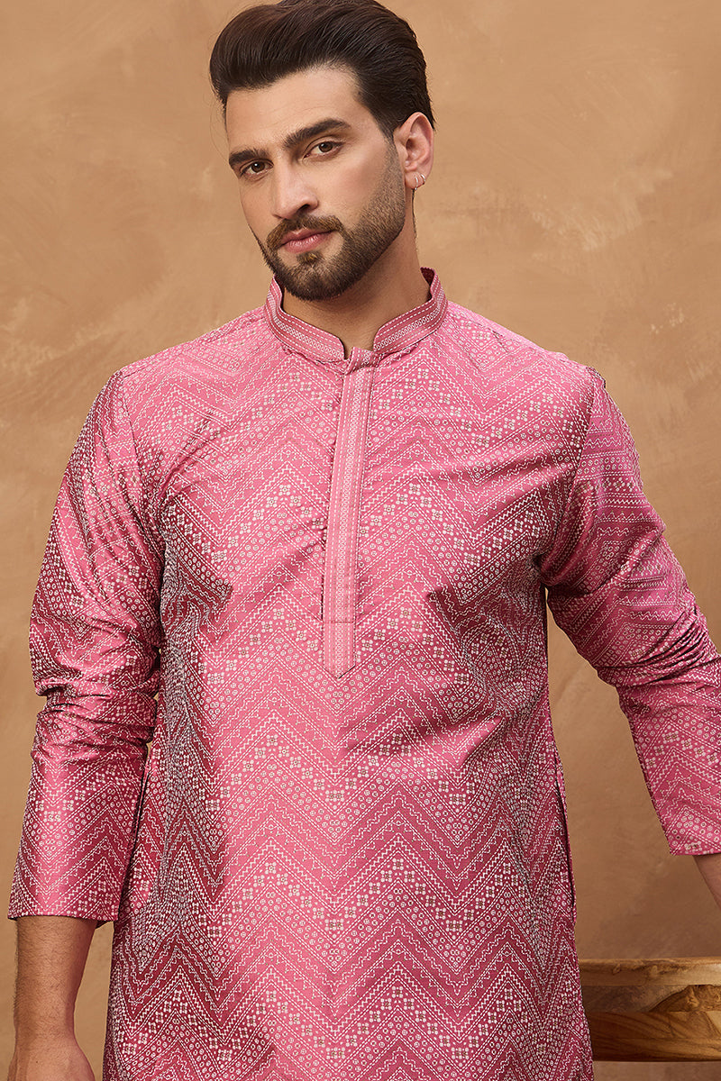 Pink Silk Blend Geometric Printed Straight Kurta | SHOBITAM