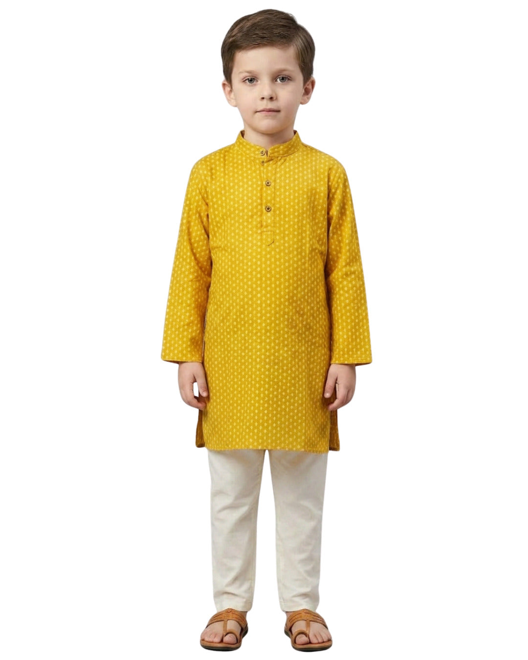 Boys Mustard Yellow Printed Mandarin Collar Cotton Kurta Set | SHOBITAM