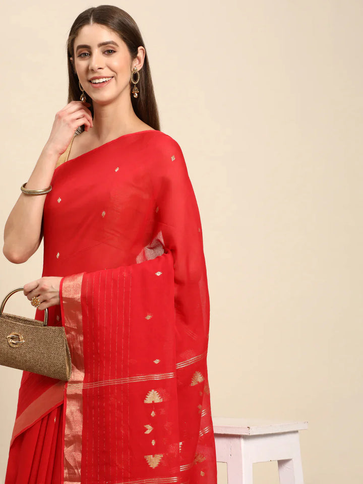 Red Handloom Zari buti Jamdani Cotton Saree with blouse piece