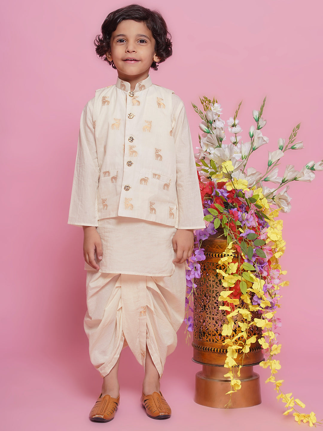 Cotton Sleevelees Golden Deer Embrodiery Nehru Jacket with Kurta and Dhoti - Cream | SHOBITAM