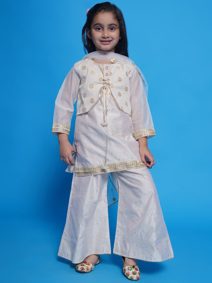 Girls Chanderi Cotton Three Fourth Sleeves Kurta with Attached Floral Jacket and Plazzo with Dupatta Adorned by Lace & Tussel work - Cream | SHOBITAM