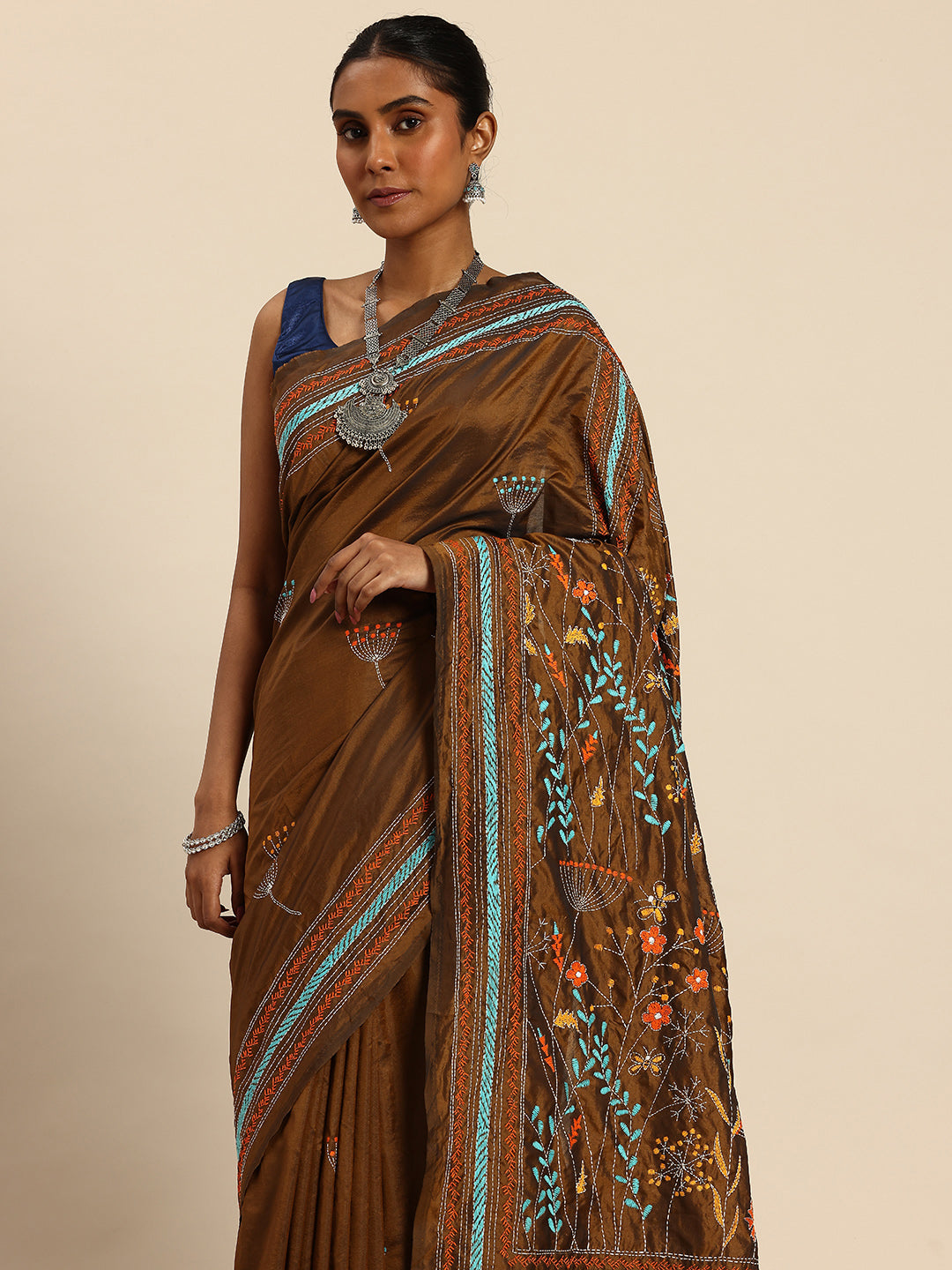 Dark Brown Mocha Art Silk Kantha Stitch Saree with Blouse Piece | SHOBITAM