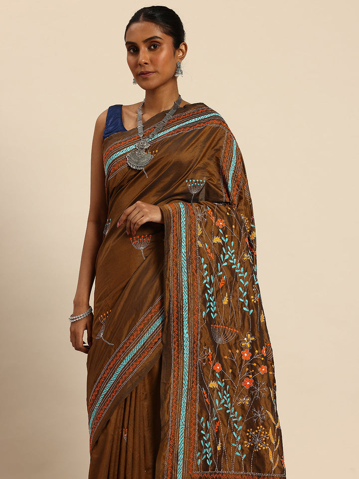 Dark Brown Mocha Art Silk Kantha Stitch Saree with Blouse Piece | SHOBITAM