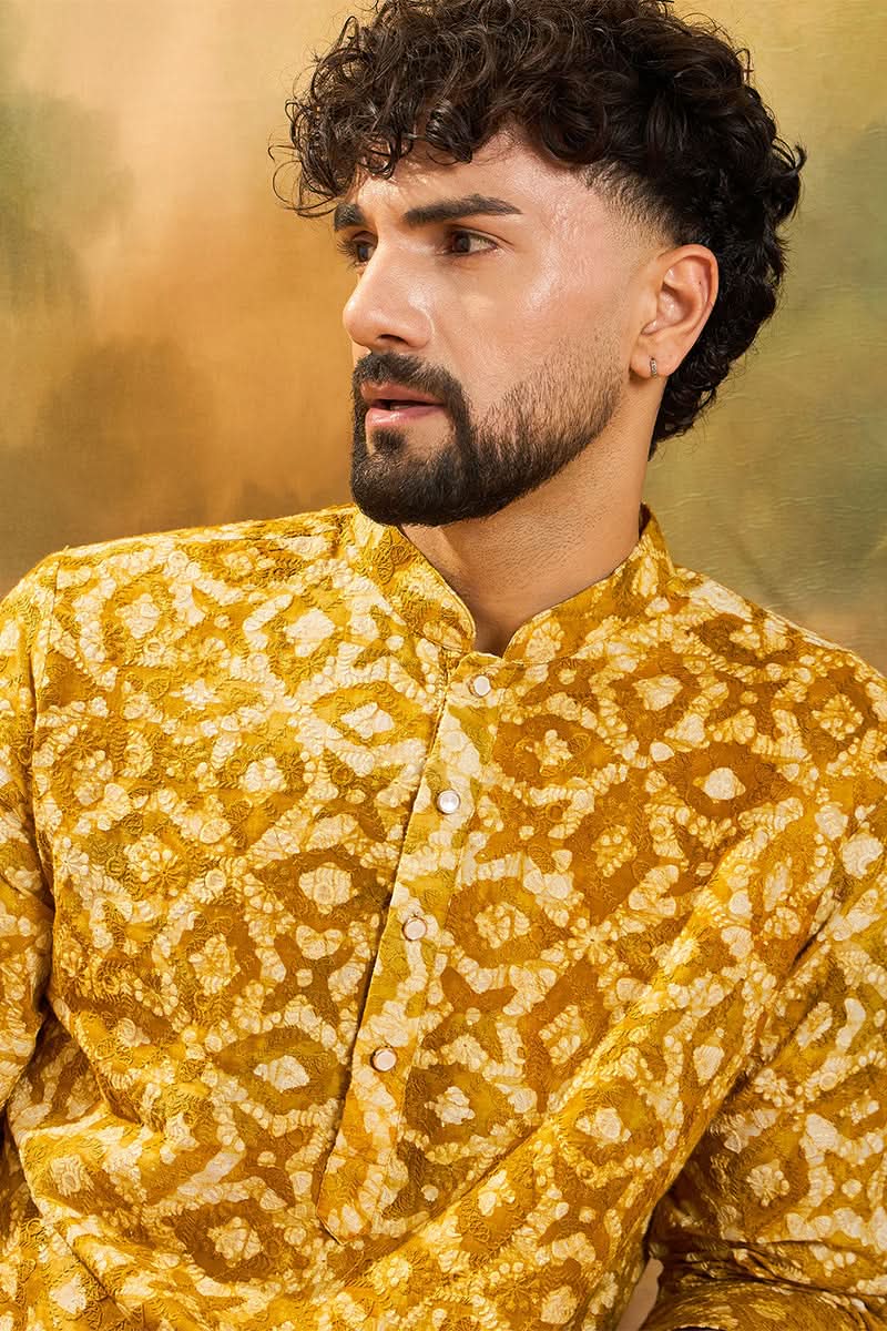 Yellow Pure Cotton Shibori Embroidered Straight Kurta with Trouser | SHOBITAM
