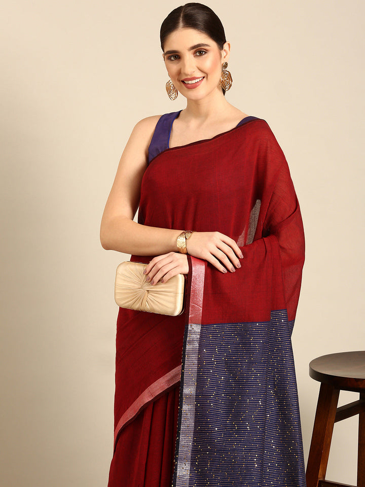 Maroon Navy Sequins Cotton Saree | SHOBITAM