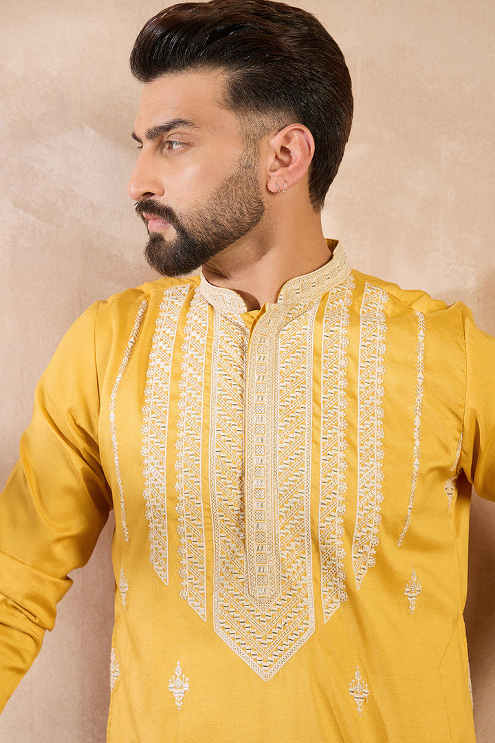 Yellow Silk Blend Geometric Embroidered Straight Kurta | SHOBITAM