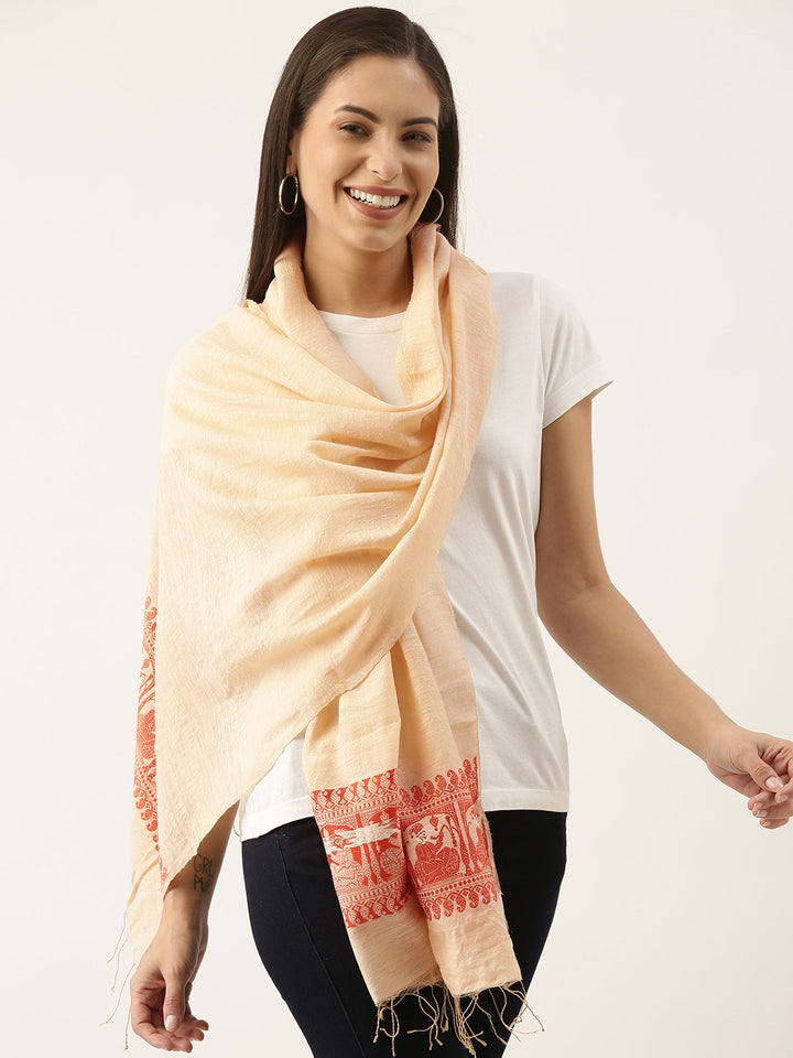 Peach and Orange Nawab Baluchari Silk Cotton Stole