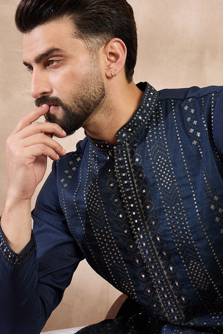 Blue Silk Blend Geometric Embroidered Straight Kurta For Men | SHOBITAM