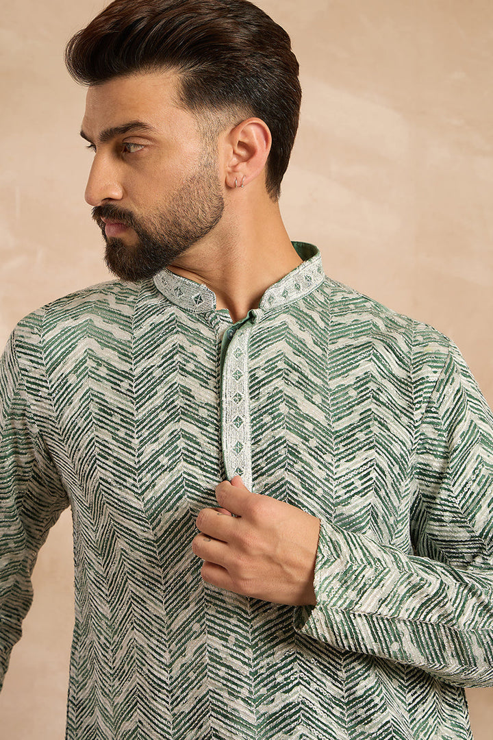 Green Silk Blend Solid Embroidered Straight Kurta With Trouser | SHOBITAM
