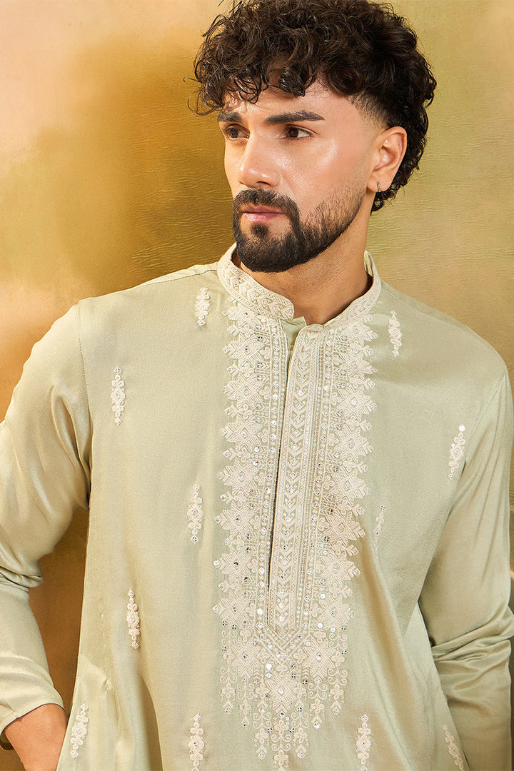 Green Silk Blend Solid Embroidered Straight Kurta  | SHOBITAM