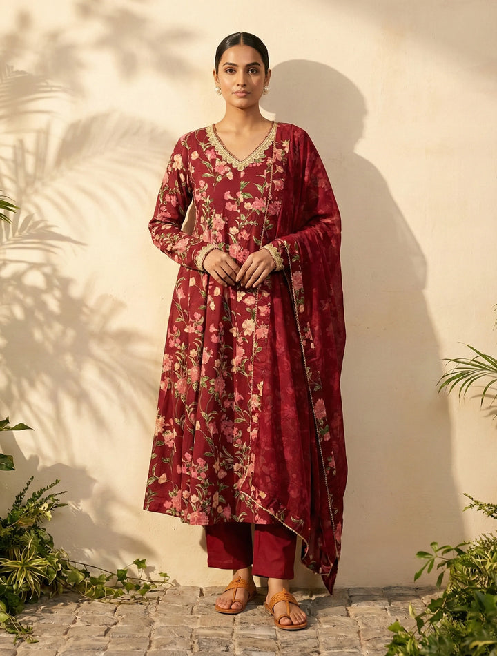 Maroon Floral Print V-Neck Anarkali Kurta Pant Dupatta Set | SHOBITAM