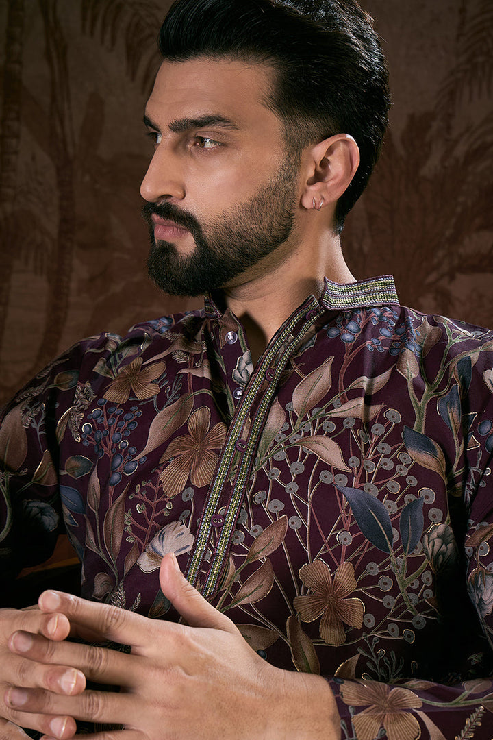 Purple Silk Blend Floral Printed Straight Kurta With Trouser | SHOBITAM