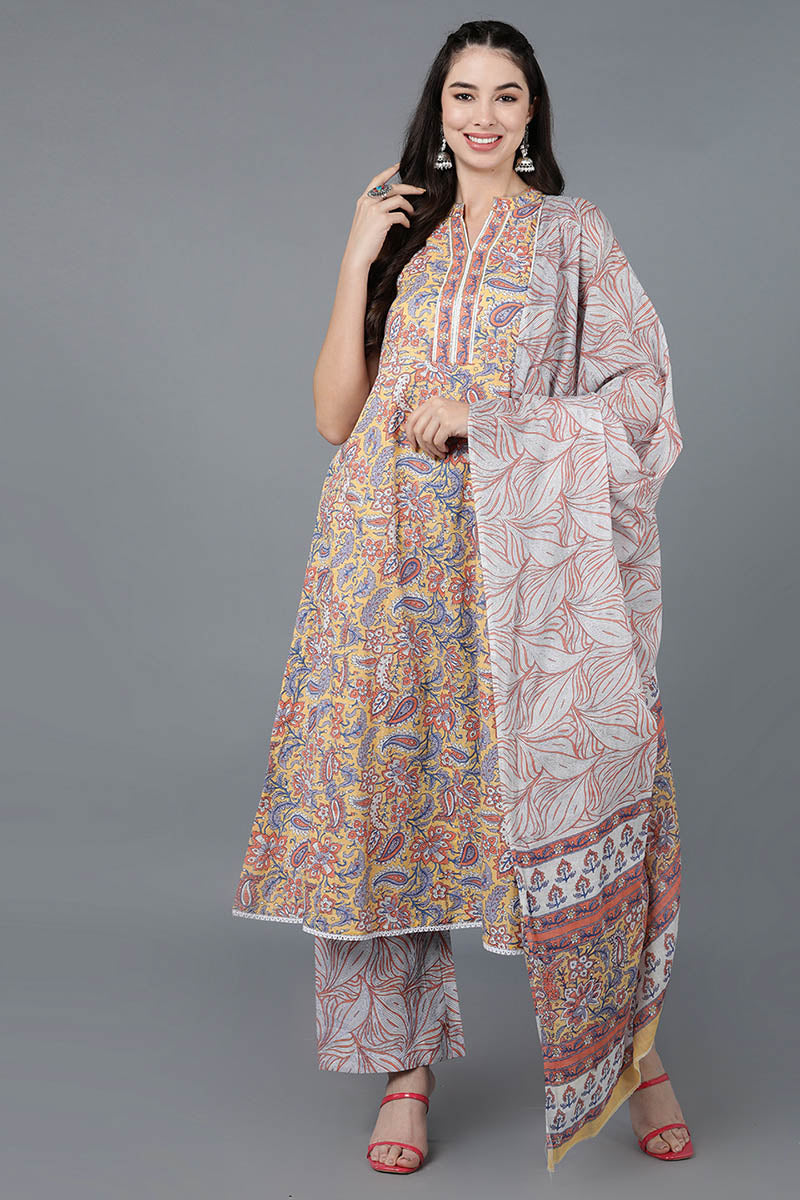Yellow Cotton Flared Kurta Palazzo With Dupatta | SHOBITAM