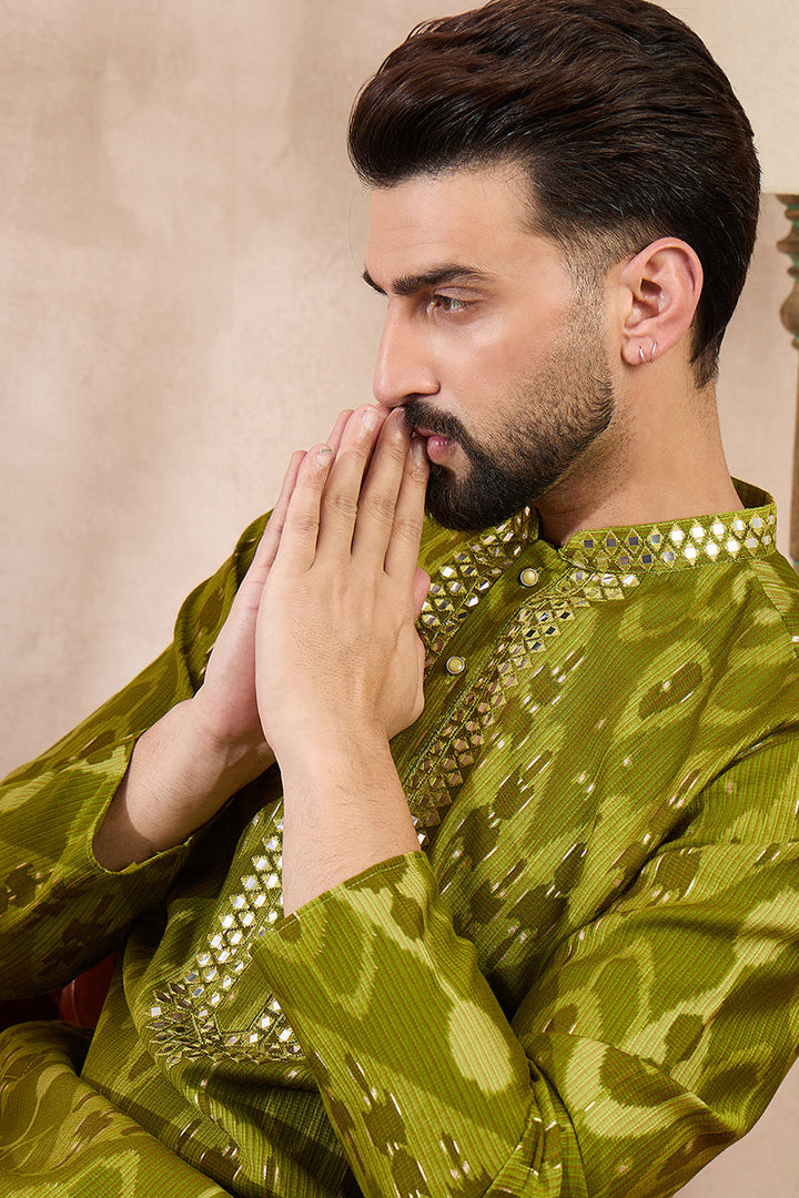 Green Viscose Rayon Chevron Printed Straight Kurta For Men | SHOBITAM