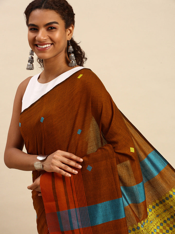 Rust Brown Hand woven Assamese Cotton Saree