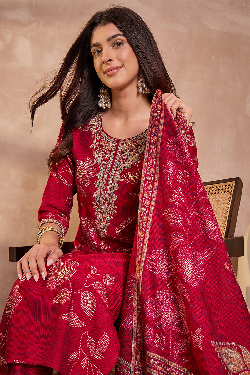 Pink Silk Blend Floral Printed Straight Kurta Trouser With Dupatta | SHOBITAM