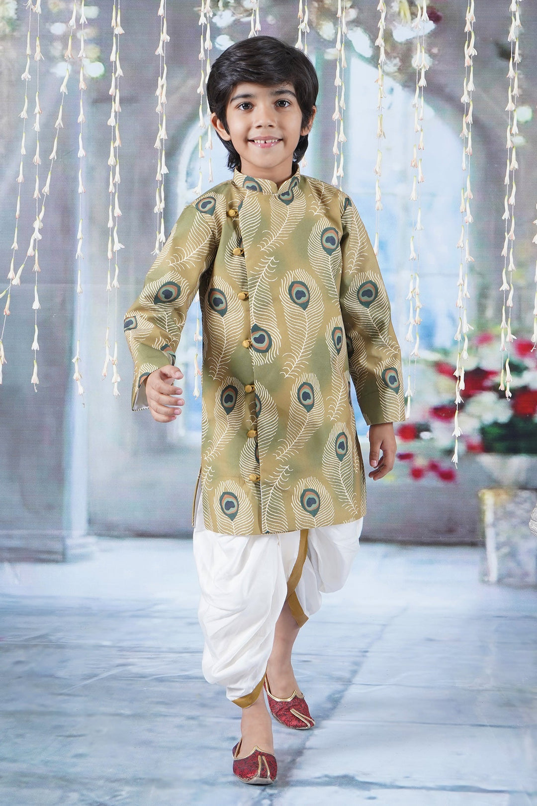 Boys Cotton Full Sleeves Peacock Feather Sherwani with Dhoti -Mustard Yellow | SHOBITAM