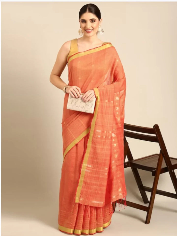 Orange Handloom Zari buti Jamdani Cotton Saree