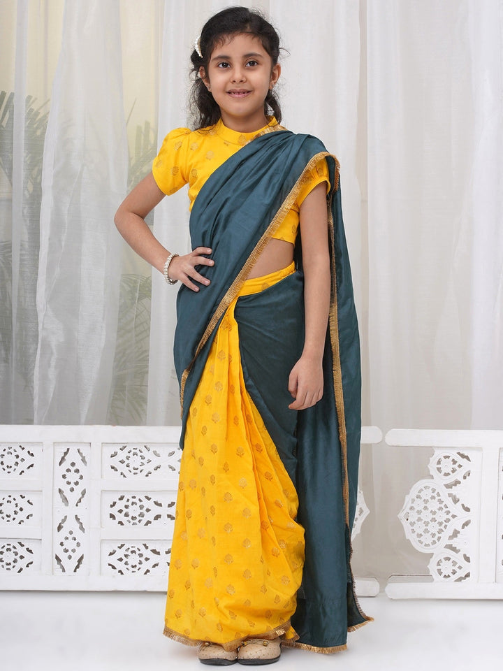 Cotton Floral Embroidery Ready to wear Blouse with Ready to wear Chanderi Saree - Casal & Yellow | SHOBITAM