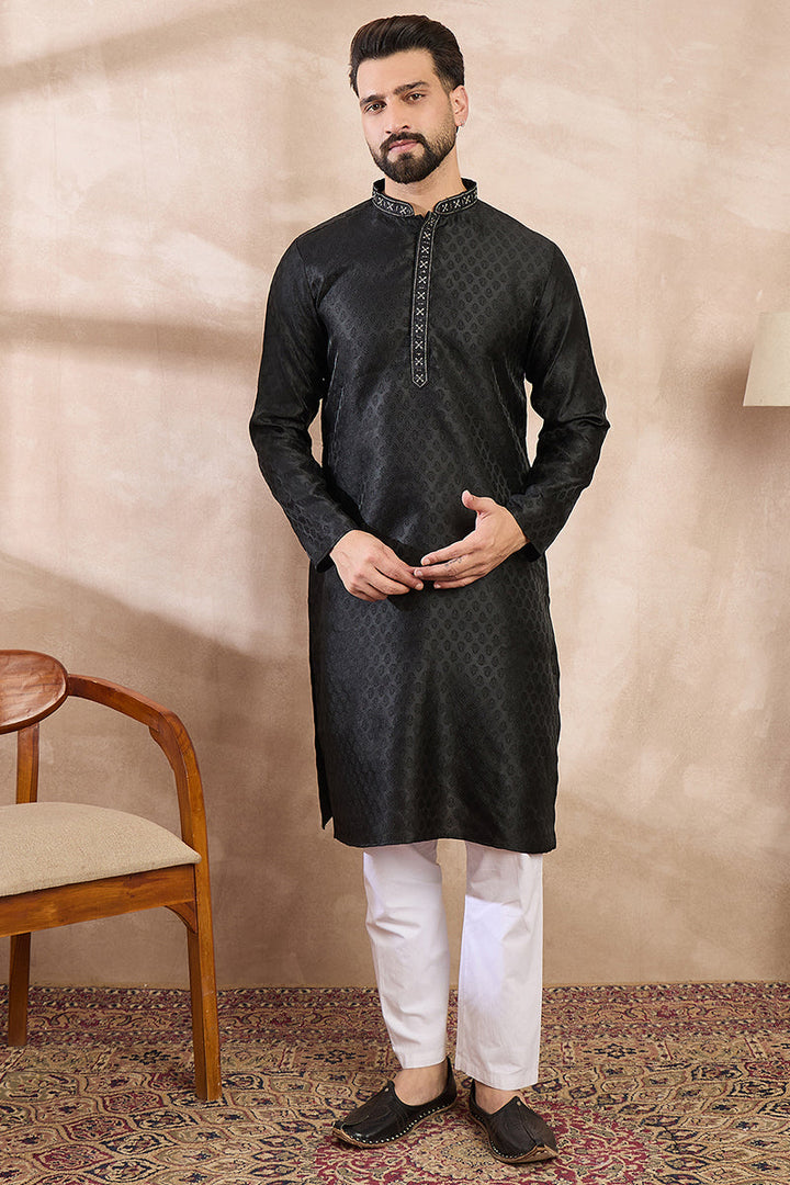 Black Silk Blend Solid Woven Design Straight Kurta | SHOBITAM
