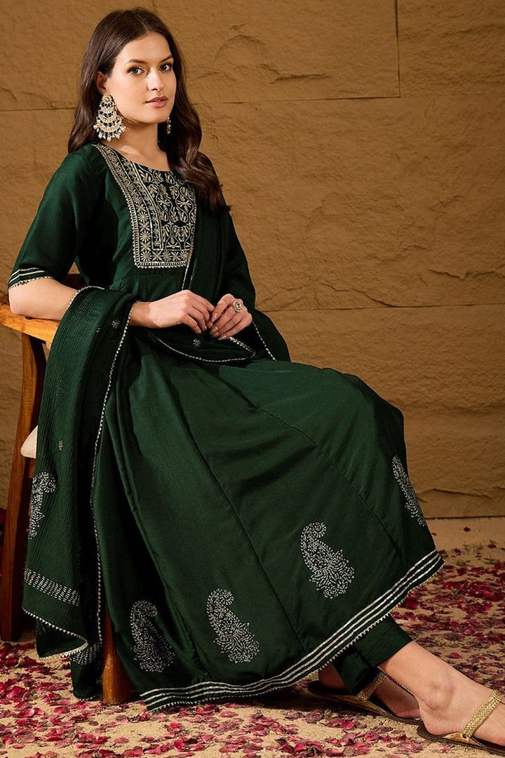 Green Silk Blend Embroidered Anarkali Suit Set   | SHOBITAM