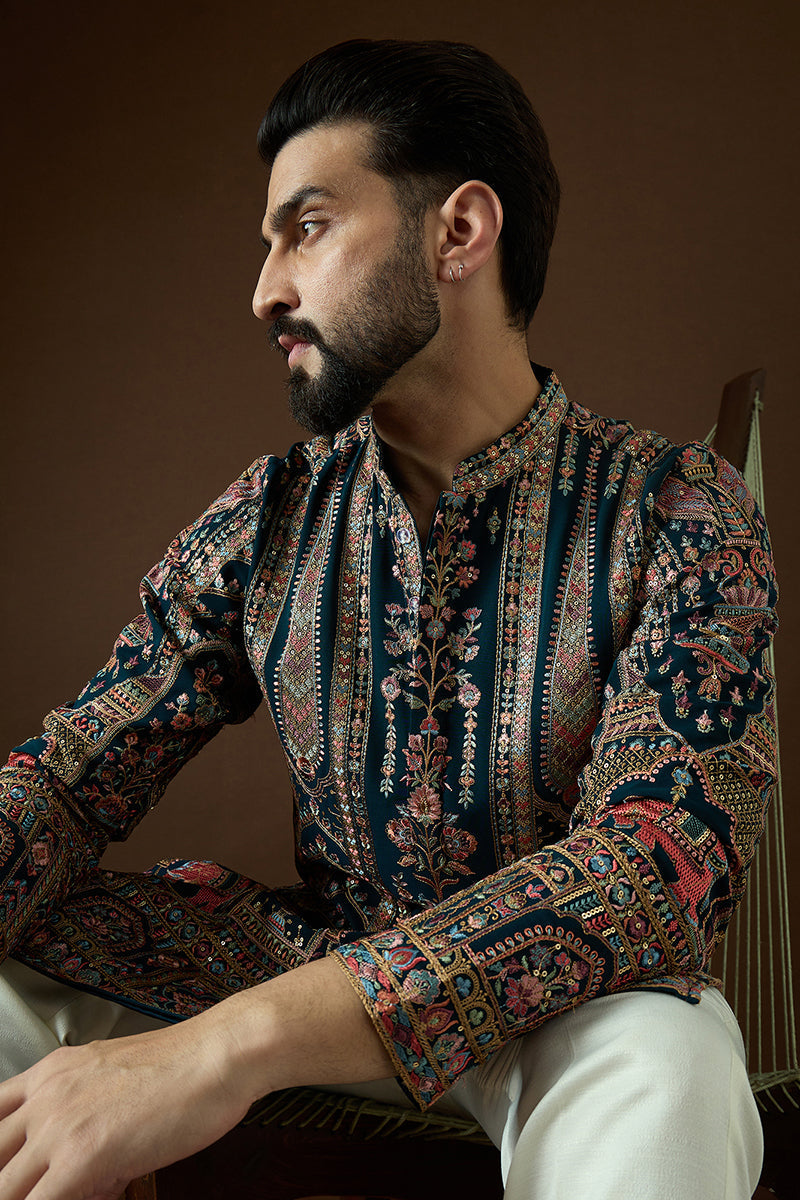 Teal Georgette Solid Embroidered Straight Kurta | SHOBITAM
