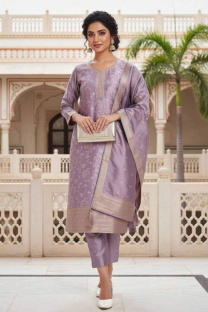 Lavender Silk Blend Ethnic Motifs Woven Design Straight Suit Set | SHOBITAM