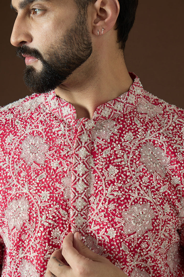 Pink Georgette Solid Embroidered Straight Kurta | SHOBITAM