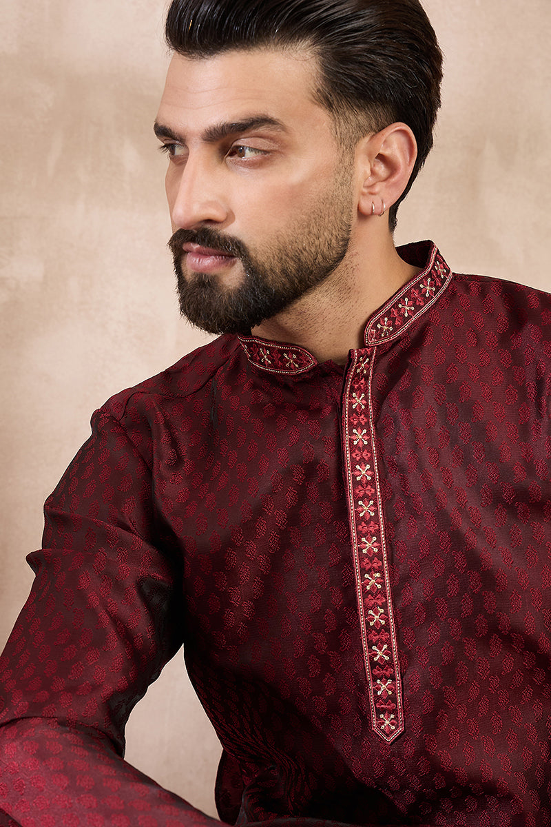 Maroon Silk Blend Solid Woven Design Straight Kurta With Trouser | SHOBITAM