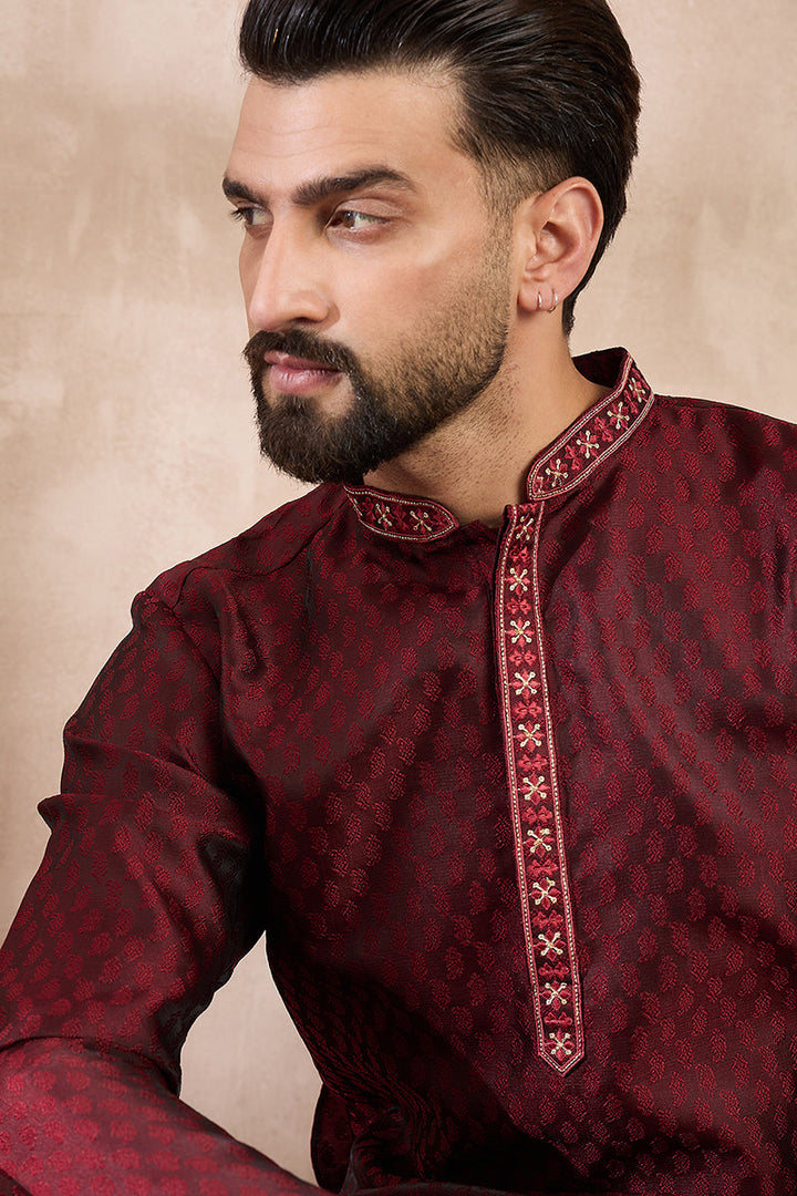 Maroon Silk Blend Solid Woven Design Straight Kurta With Trouser | SHOBITAM