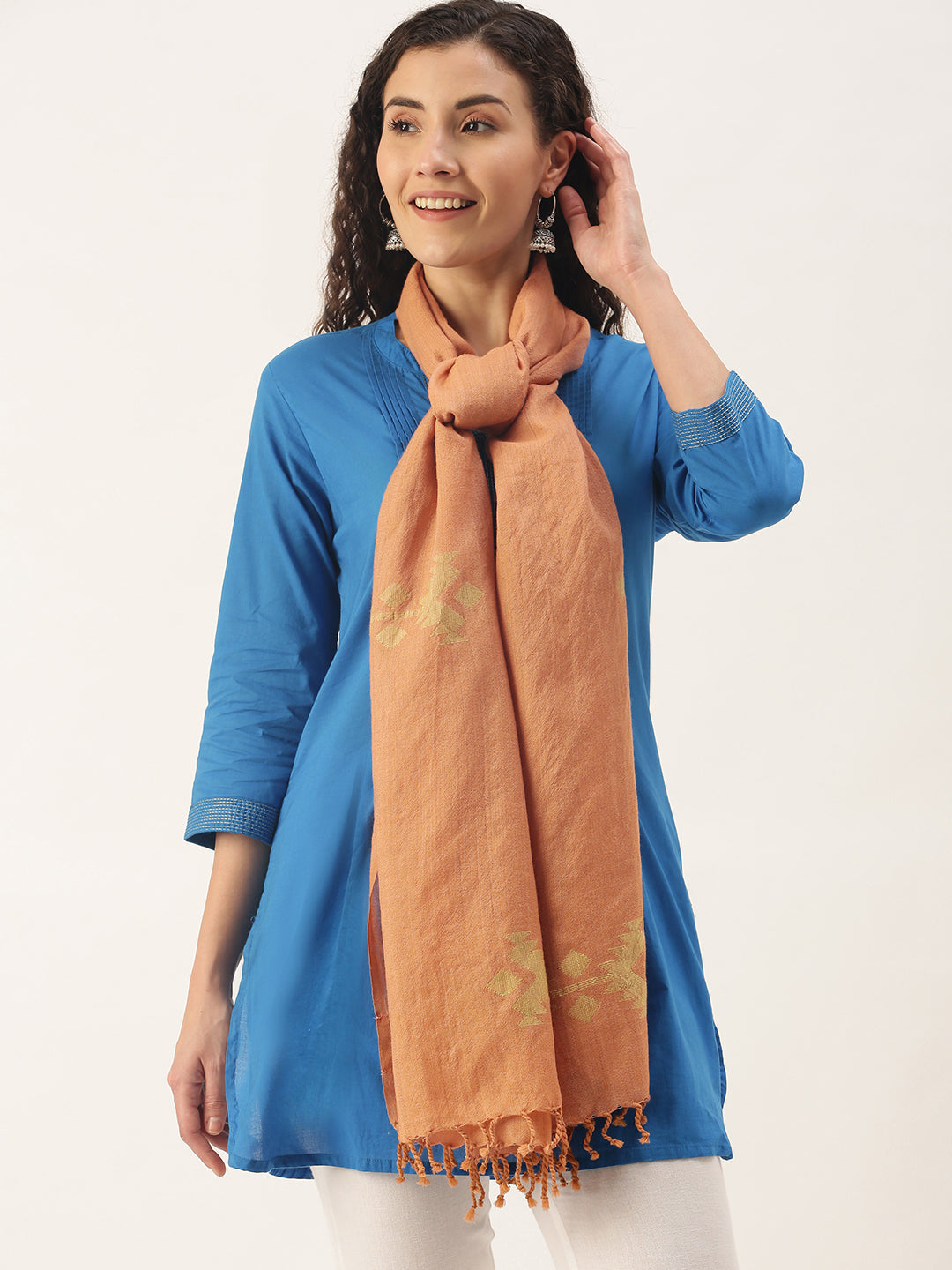 Earthy Brown Jamdani Wool Stole | SHOBITAM