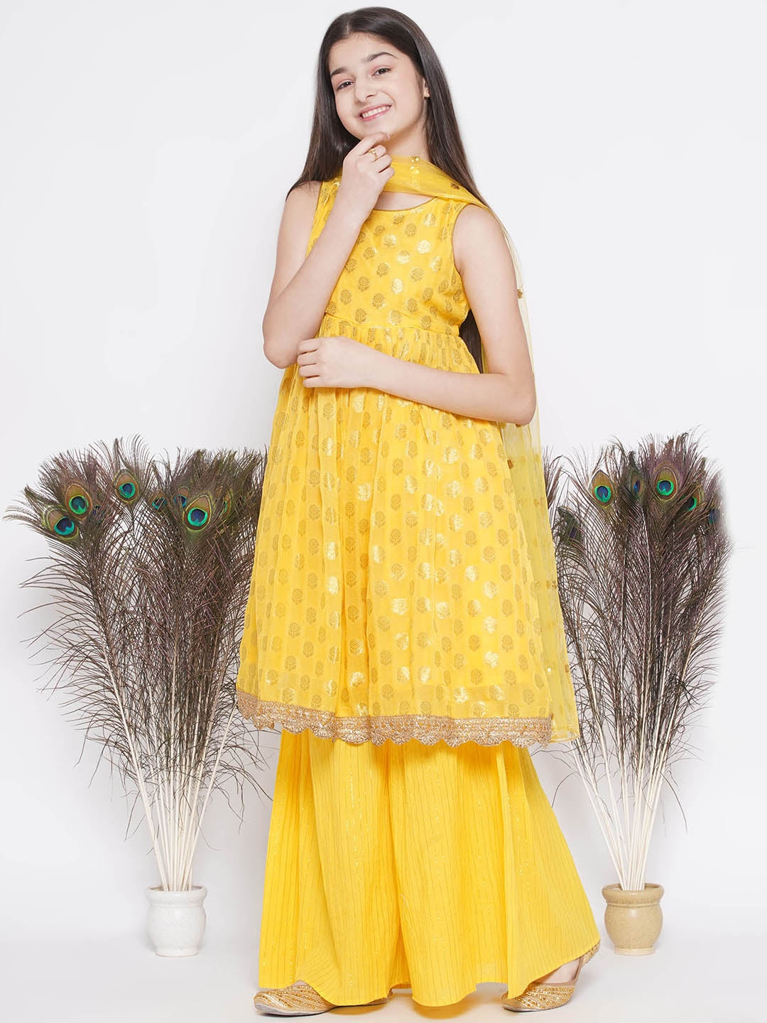 Banarsi Floral Frock Style Kurta with Gold Strip Sharara & Dupatta -Haldi Yellow | SHOBITAM