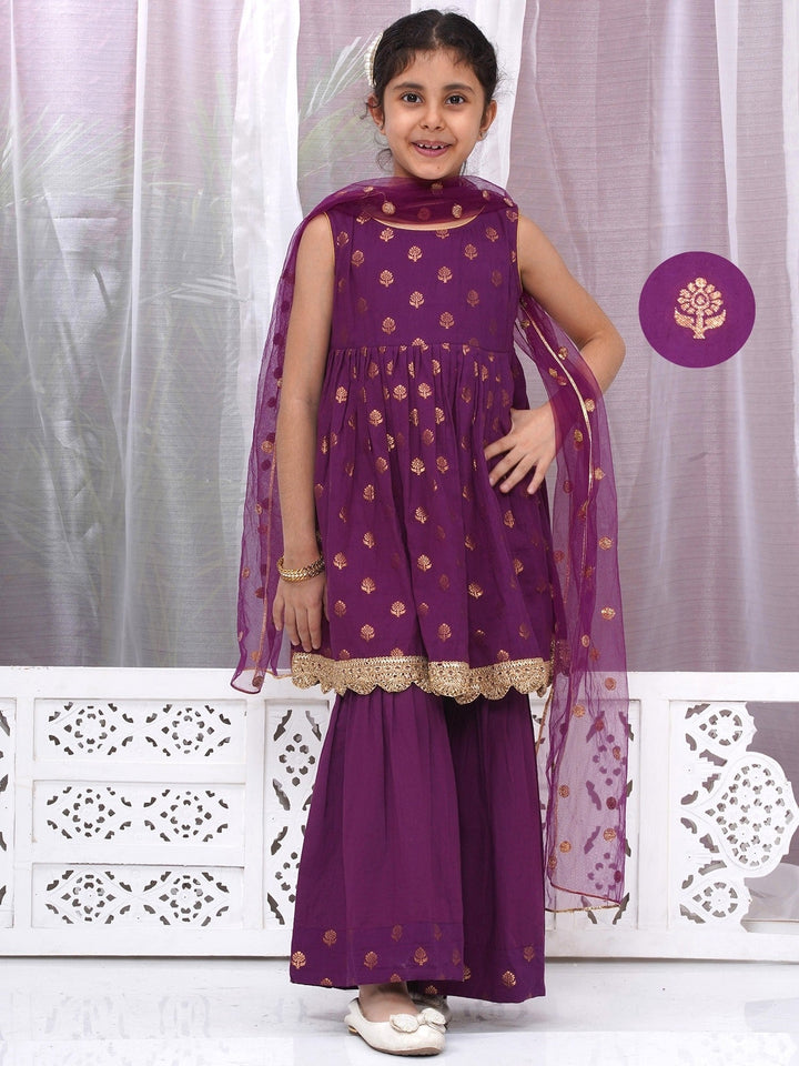 Girls Cotton Sleeveless Frock Style Kurta with Sharara and Dupatta with Golden Floral Zari Work - Purple| SHOBITAM