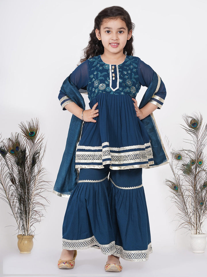Girls jaipuri Lacework Kurta frock with Sharara and Dupatta - Nighttime Blue | SHOBITAM