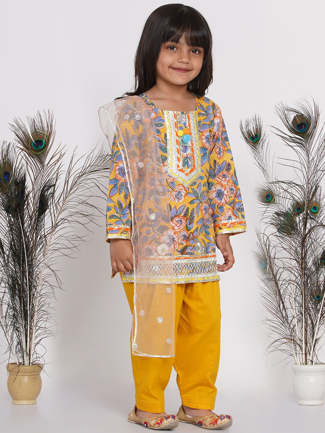 Girls Punjabi Floral work Kurta with Salwar & Dupatta in yellow | SHOBITAM