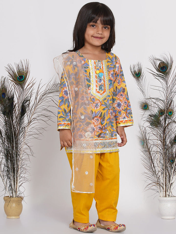 Girls Punjabi Floral work Kurta with Salwar & Dupatta in yellow | SHOBITAM