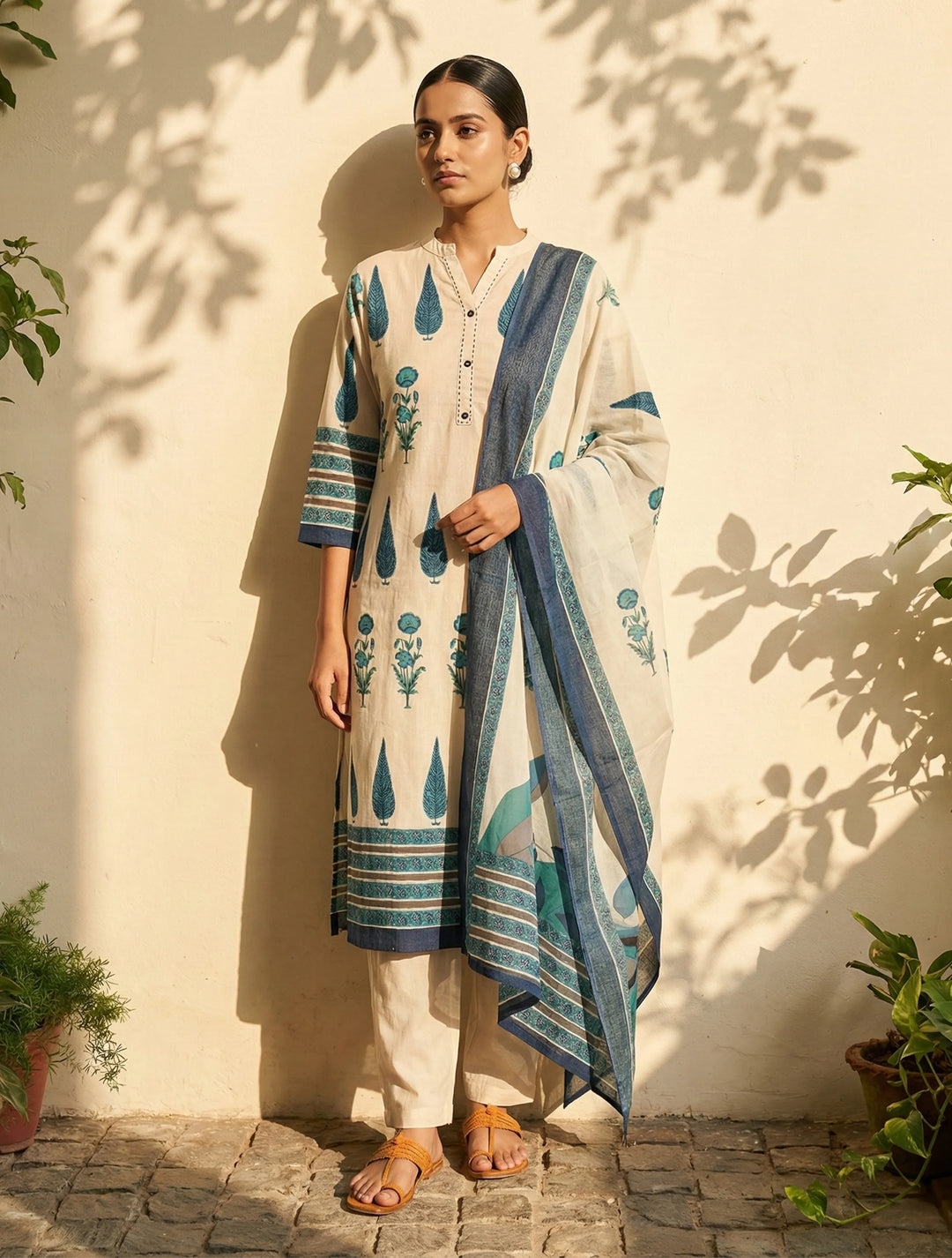 Ivory Blue Printed Kurta Pant Dupatta Set | SHOBITAM