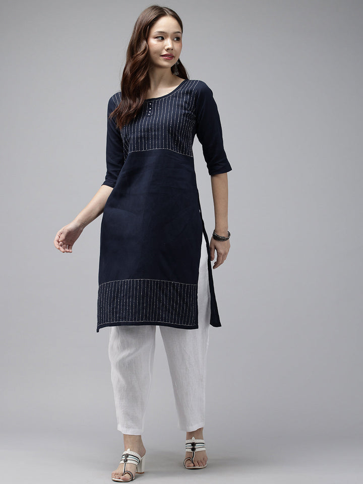 Navy Kantha Cotton Kurta | SHOBITAM