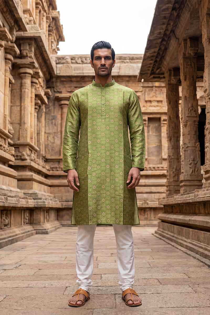 Green Silk Blend Printed Straight Kurta | SHOBITAM