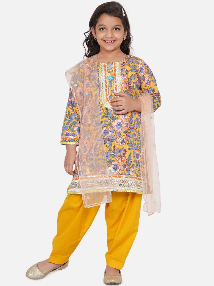 Girls Punjabi Floral work Kurta with Salwar & Dupatta in yellow | SHOBITAM