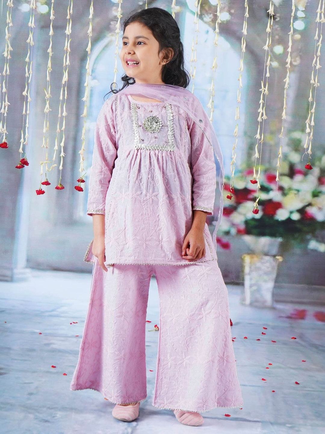 Diyara Floral Emboridery Kurta Plazzo Set - Pink | SHOBITAM