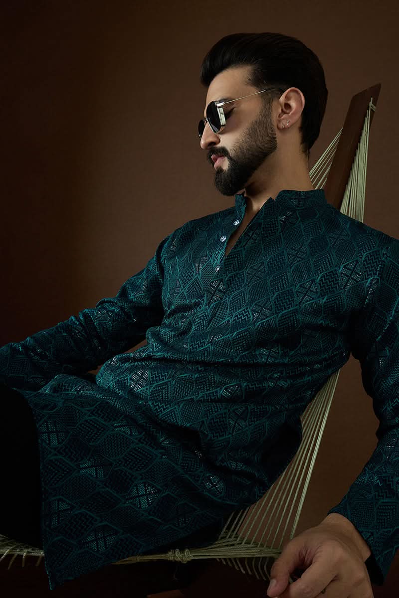 Teal Georgette Solid Embroidered Straight Kurta | SHOBITAM