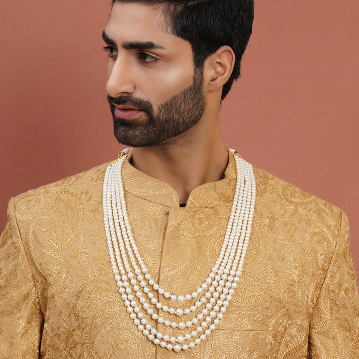 Pearl White and Crystal Beaded Layered Nekclace for Men | SHOBITAM