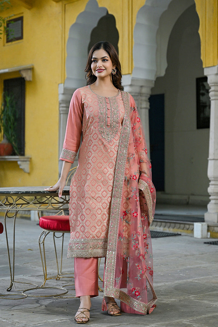 Peach Silk Blend Solid Woven Design Straight Kurta Trousers With Dupatta | SHOBITAM