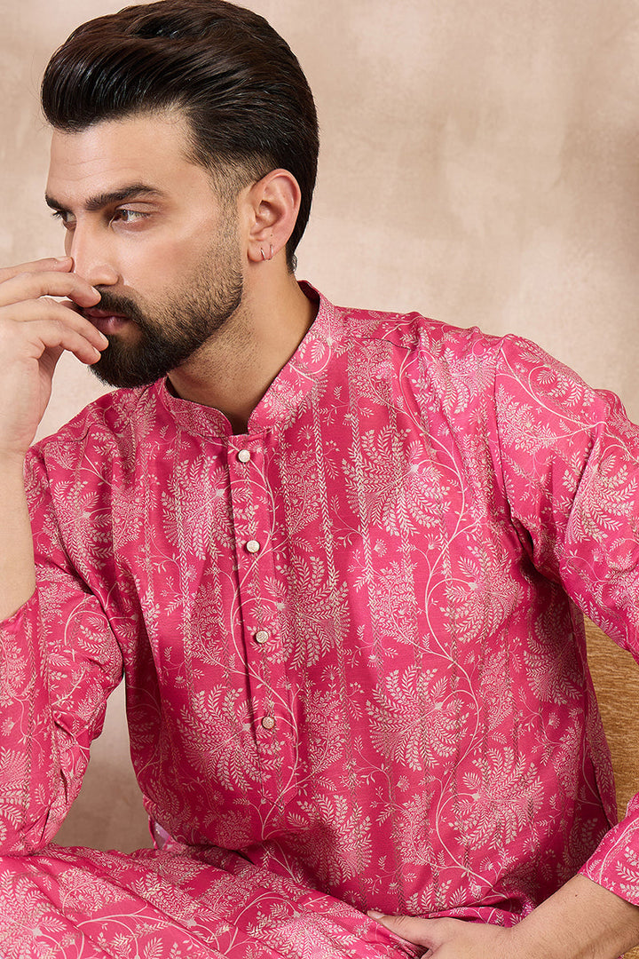 Pink Silk Blend Floral Printed Straight Kurta For Men | SHOBITAM