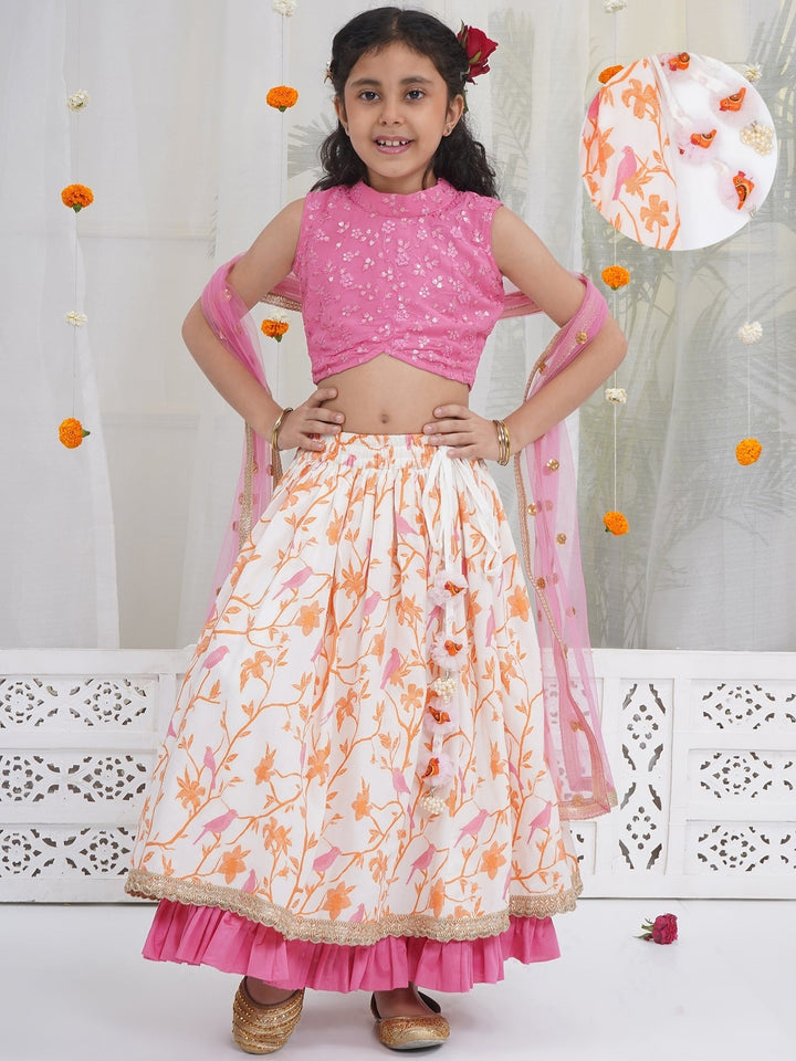 Girls Bird and Floral Embroidery Lehenga Set | SHOBITAM