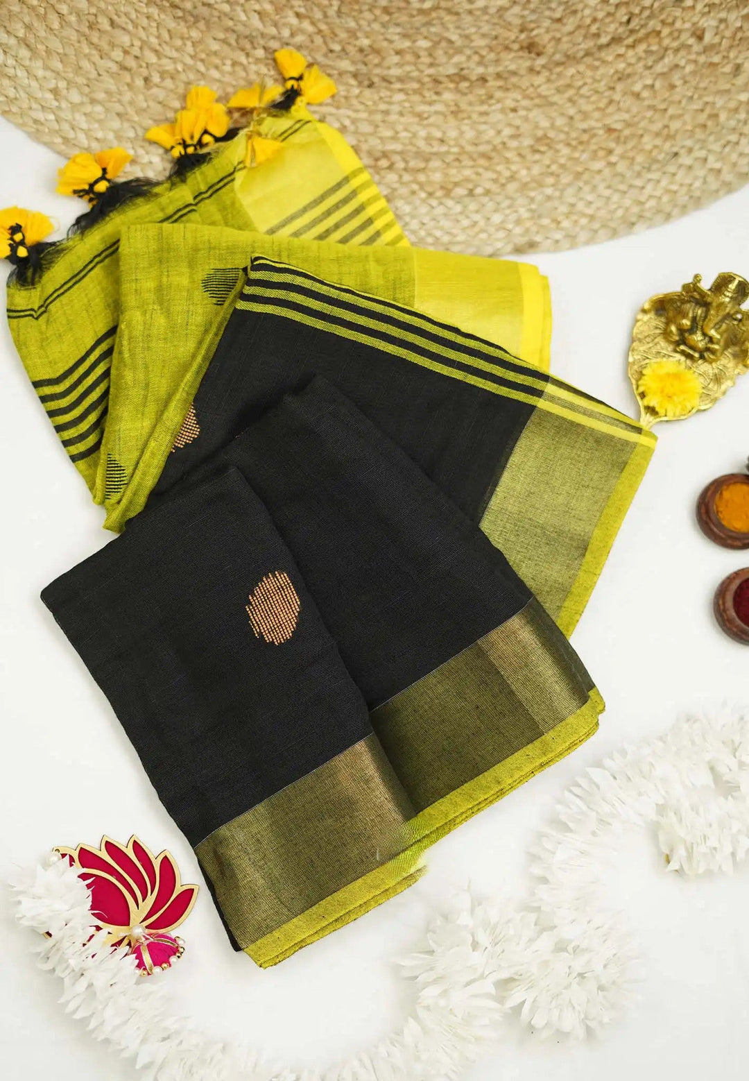 Black and Moss Yellow Polka Dot Slub Linen Saree  | SHOBITAM