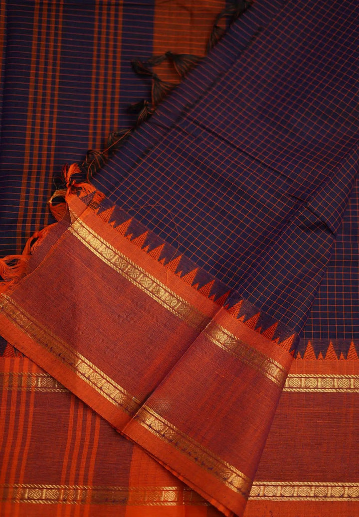 Preorder l Deep Blue Purple Semi Silk Cotton Saree with  rettapeta rudraksham border with muthu kattam checks | SHOBITAM