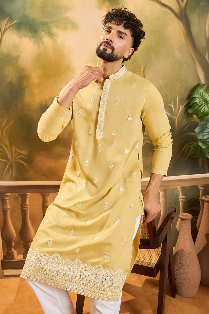 Yellow Silk Solid Embroidered Straight Kurta | SHOBITAM