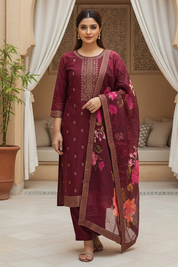 Maroon Silk Blend Ethnic Motifs Stoning Straight Kurta Trouser with Dupatta | SHOBITAM